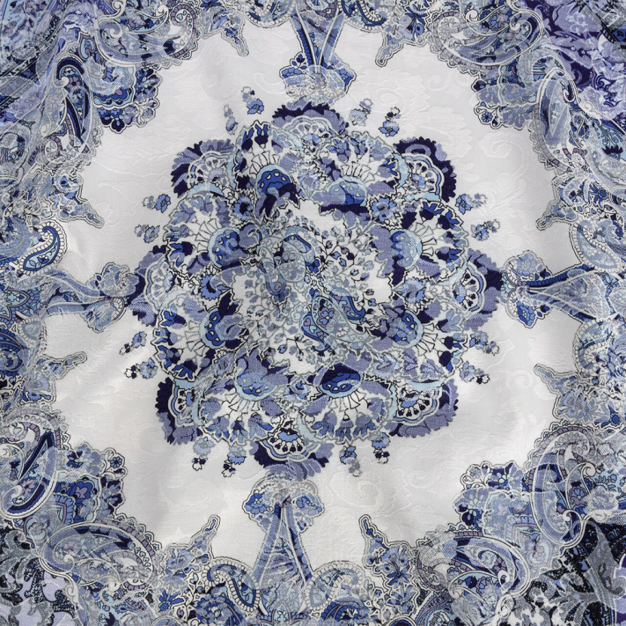 1 Yard Stretch Floral Jacquard Fabric Navy and White Paisley Medallion Print for Apparel